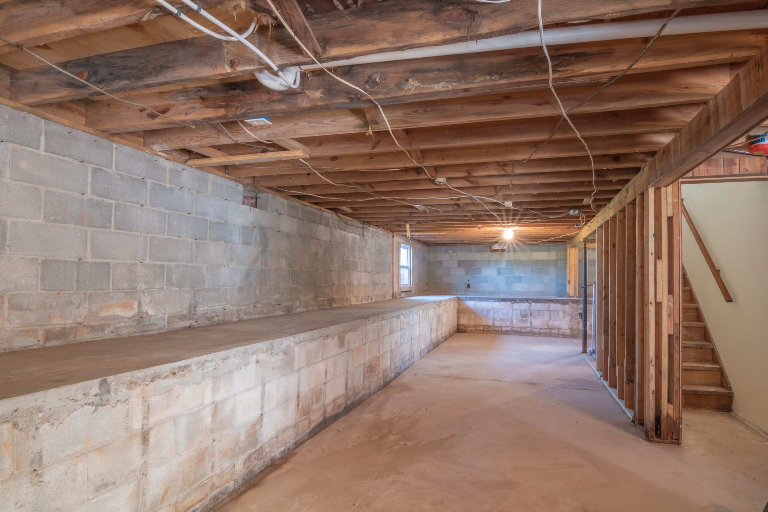 Unfinished basement with exposed wood beams, concrete block walls, and signs of moisture along the foundation.
