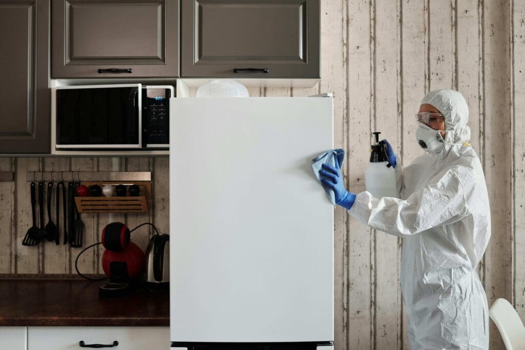 Person wearing gloves and protective equipment cleaning the interior of a refrigerator and surrounding indoor space.