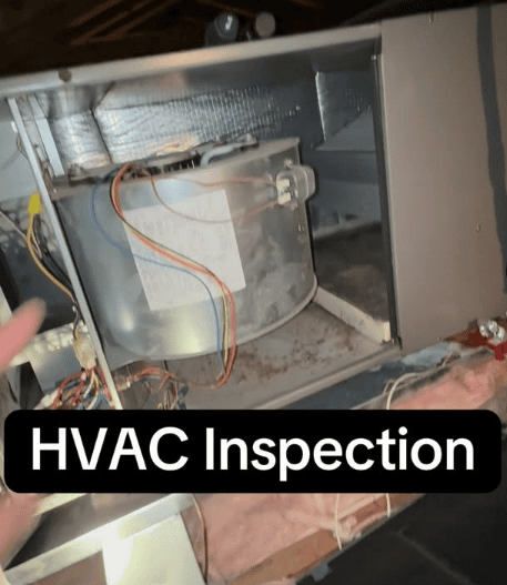 HVAC system and ductwork being inspected for potential mold and moisture concerns, with ‘HVAC Inspection’ text overlay.