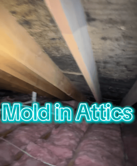 Dark discoloration and suspected mold growth visible on attic wood framing and sheathing above fiberglass insulation, with “Mold in Attics” text overlay.