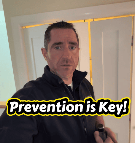 John Skelly conducting an indoor environmental inspection with “Prevention Is Key” text overlay.
