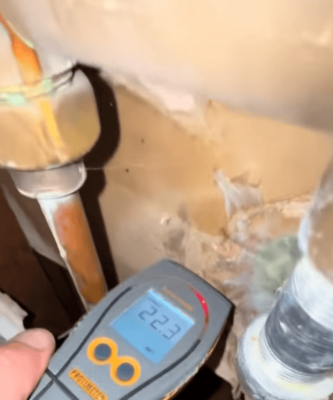 Moisture meter showing a 22.3 reading on a water-damaged surface near plumbing